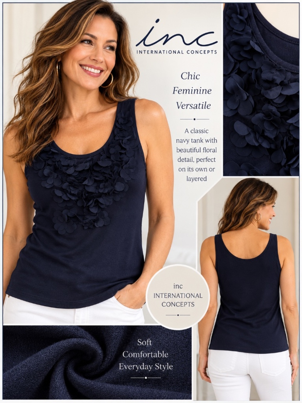 INC International Concepts Navy Floral Appliqué Tank Top – Size Small